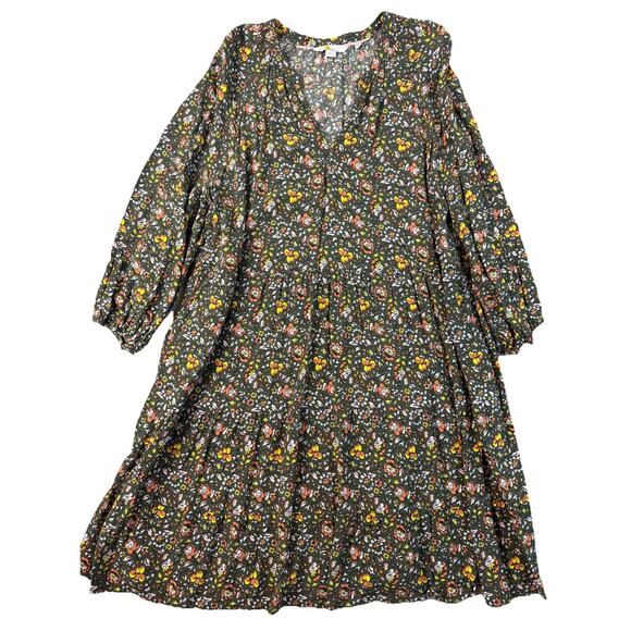 Boden Dresses & Skirts - BODEN Dress Sz 14 Olive Floral Print Stretch 3/4 Sleeves Knee Tiered Cottagecore